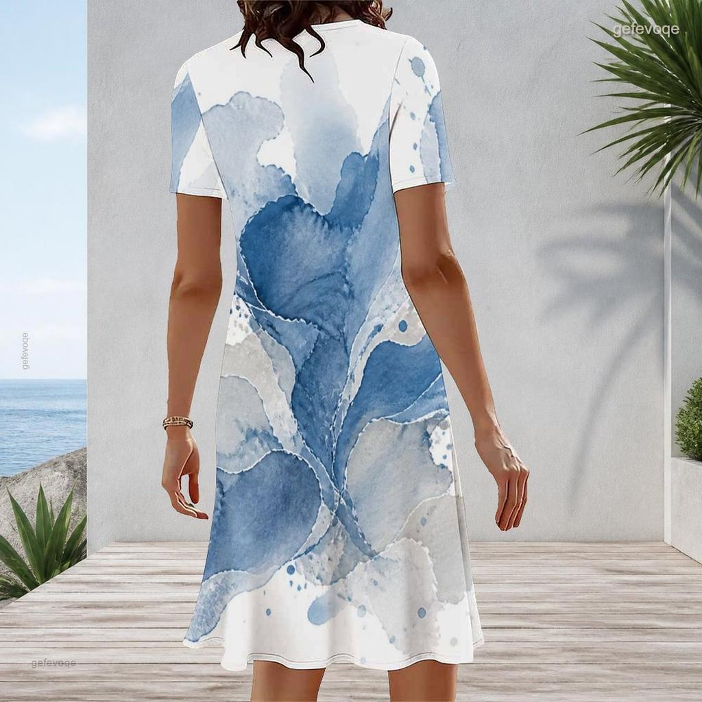 Women Plus Size Round Neck Short Sleeve Blue Beige White Printed A Line Dress