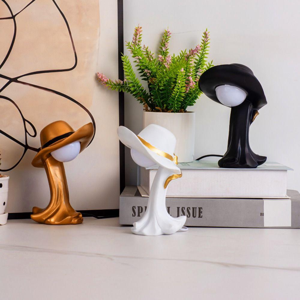Creative LED Lamp Decorative Straw Hat Cartoon Table Night Light Resin Art Bedside Lamp Home Decor