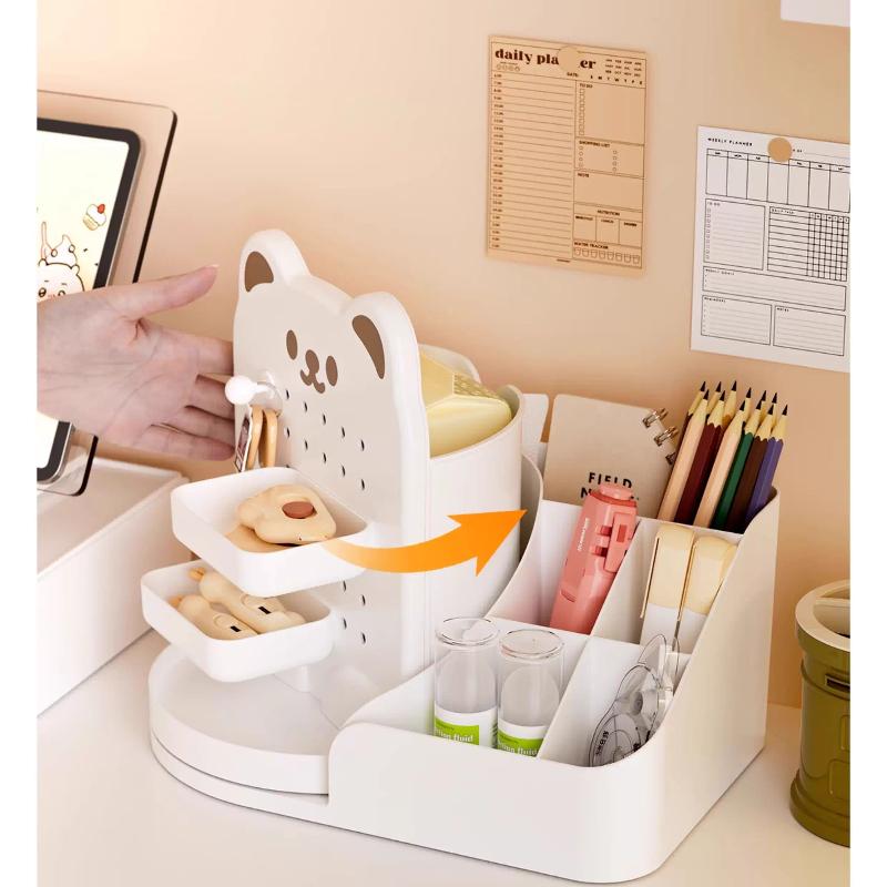 360° Rotating Bear Desktop Hole Board Organizer Rack Table Stationery Cosmetics Storage Drawer Multi-compartment Lipstick Boxes