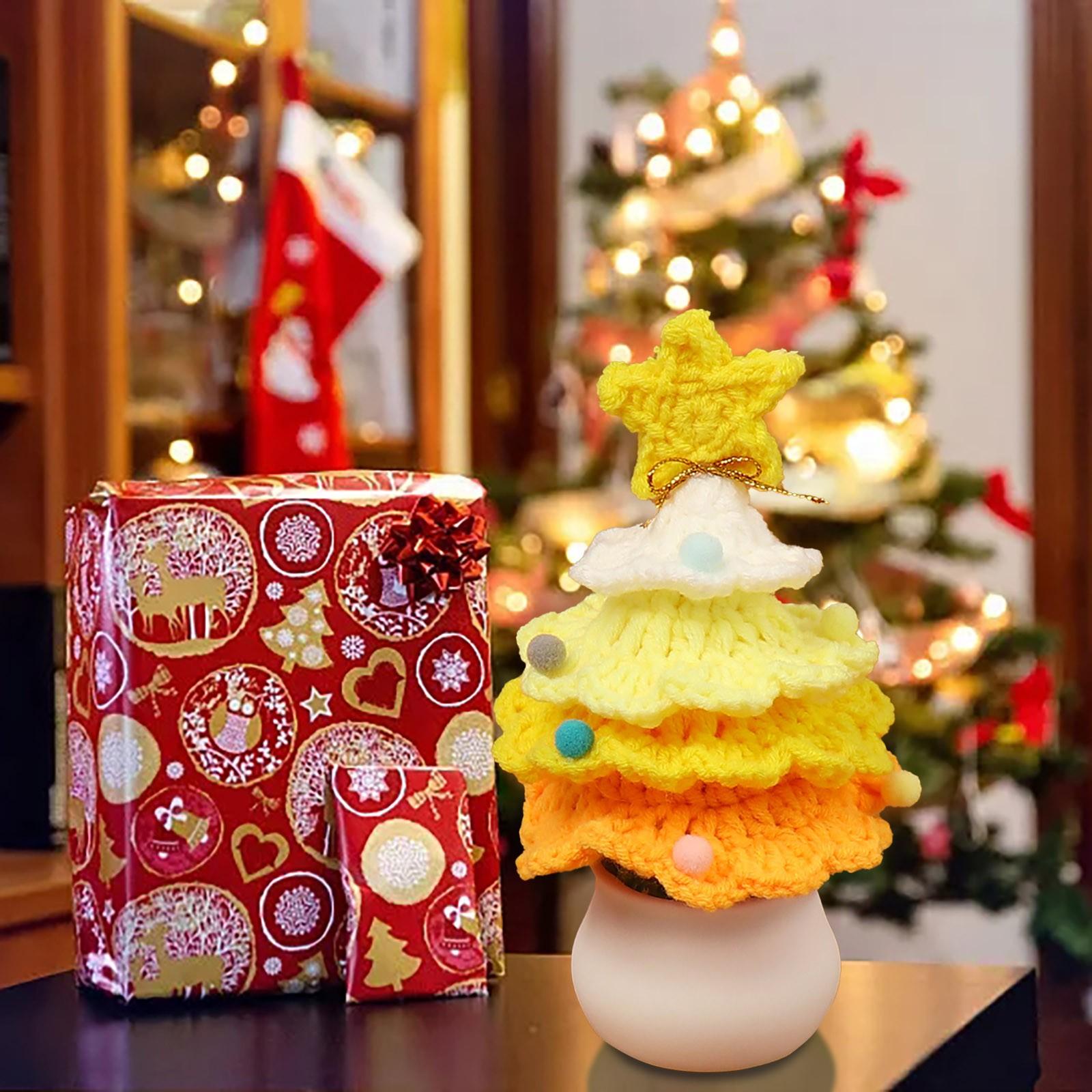 

Xmas Crochet Flowers Hand-Knitted Christmas Tree Potted Artificial Flower Plants Woven Bonsai New Year Navidad Party Decoration One Size