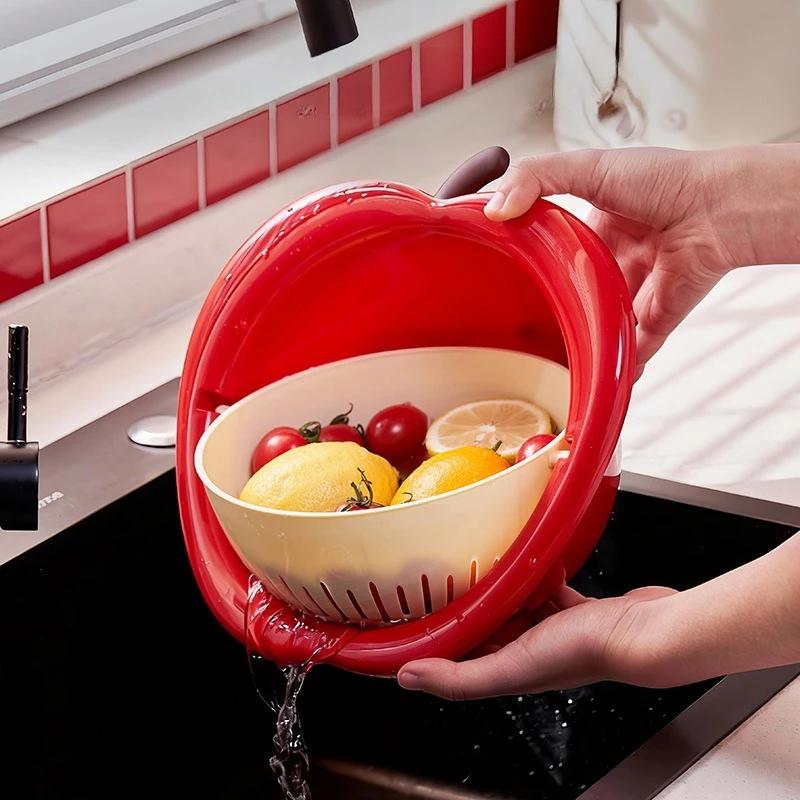 Cute Apple Drain Basket Double Wash Fruit Blue Kitchen Home Living Room Vegetable Basin High Value New Model