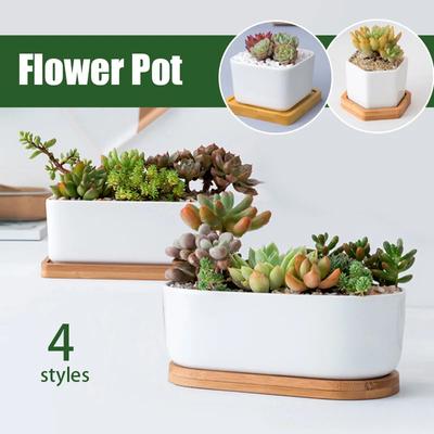 Minimalist White Creative Desktop White Ceramic Flowerpot With Bamboo Tray Succulent Plant Pot Cactus Planter Flower Pot