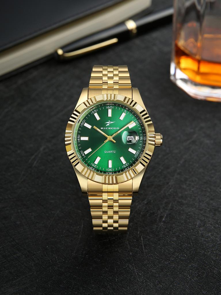RICECGO Popular Classic Men's Sports Alloy Case Men Watches with Calendar Dial  Men Stainless Steel Belt Watch Luminous Watches