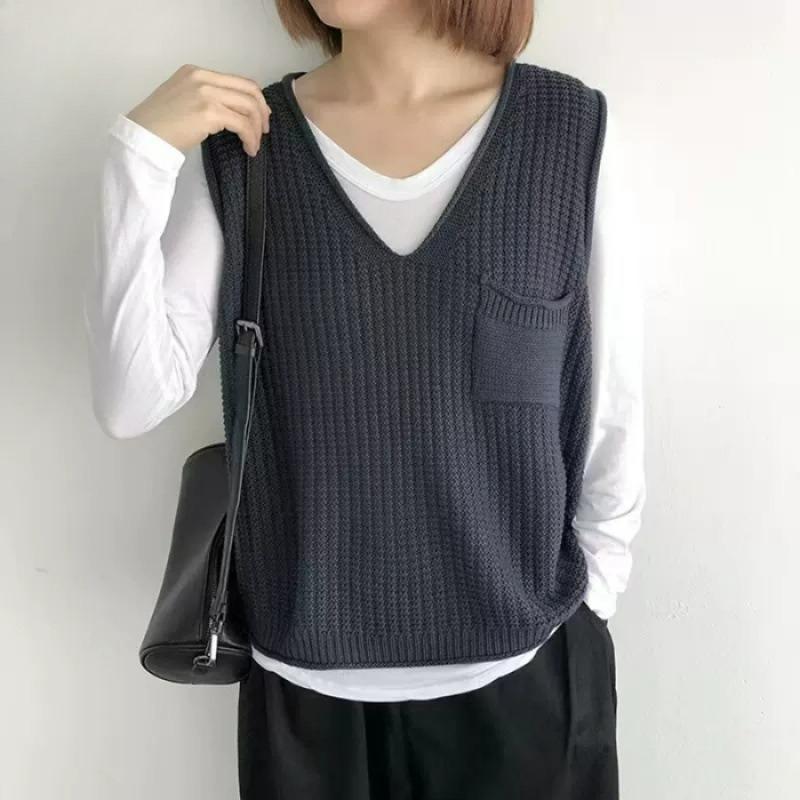 Spring and Autumn Solid Color V-neck Literary Knitted Vest Vest Large Size Fat Mm Stacked Sweater Waistcoat