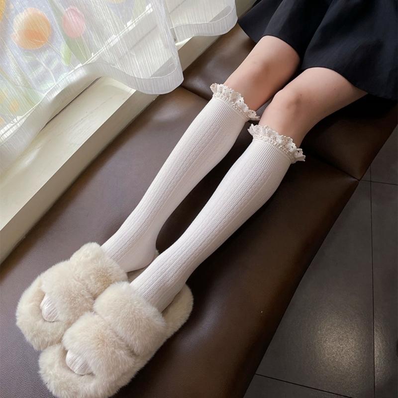 Women Winter Fall Vertical Striped Ribbed Knit Long Socks Japanese JK Sweet Frilly Ruffle Lace Trim Knee High Stockings
