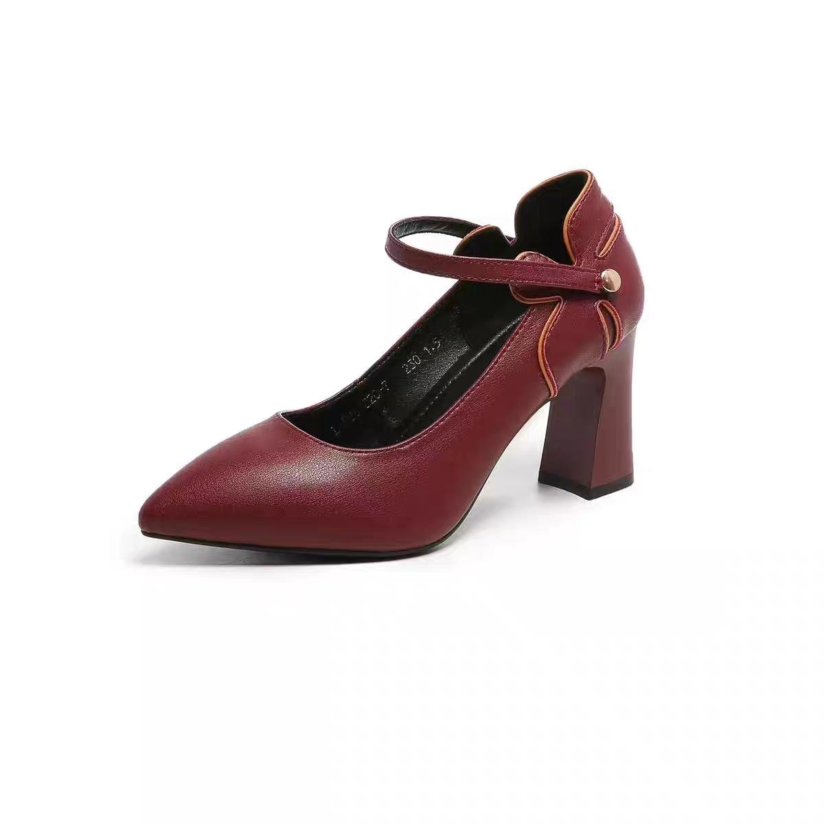 

Fashion Block Heel Single Shoes Fall New Pointed Toe Shallow Mouth One-Line with Rivet Flower Non-Slip Heels 40 вино красного