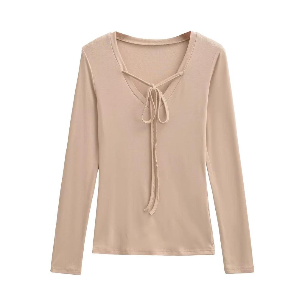 Women's Deep V-Neck Lace-Up Long Sleeve Slim Fit Autumn Top