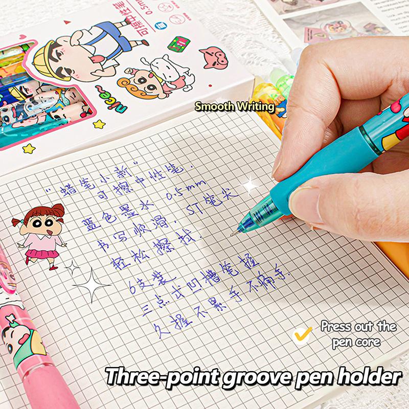 6Pcs Cartoon Crayon Shin-Chan Neutral Pen Kawaii Pressing Gel Pen Blue Ink Erasable Pens Student Stationery Office Supplies Gift