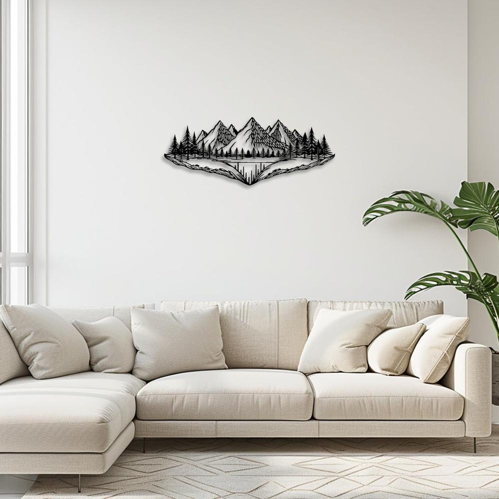 Pine Mountain Forest Metal Wall Art Black Line Decor for Living Room Bedroom Bathroom