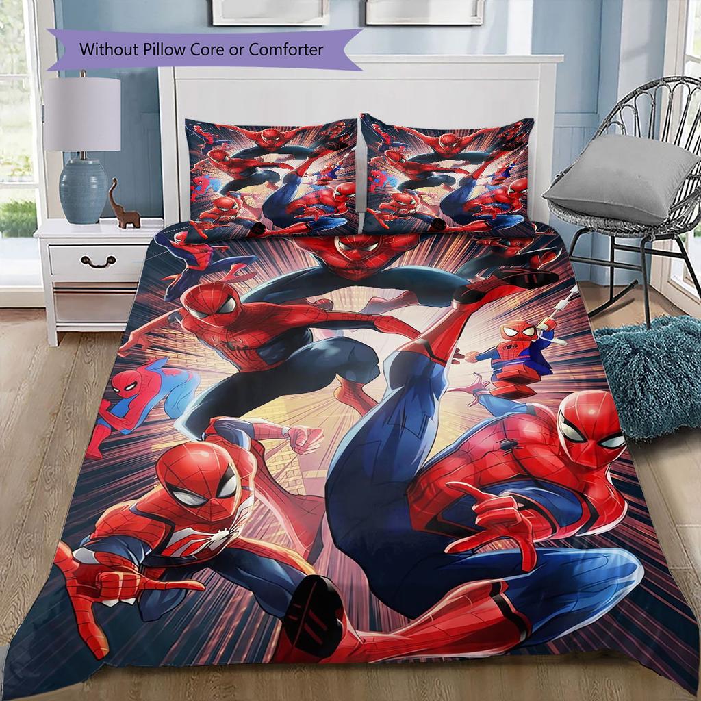 Superhero Series Spider-Man Cartoon Pattern Bedroom Three-piece Duvet Cover Bedding Set for Children.