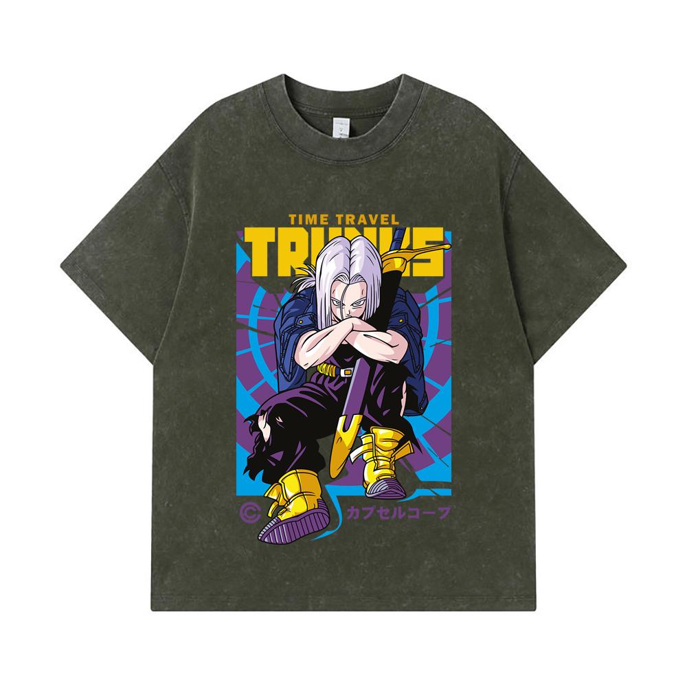

275 GSM Washed T-shirts 100% Cotton Dragon Ball V71 Future Trunks Print Unisex Heavy Cotton T Shirt S армия зеленый