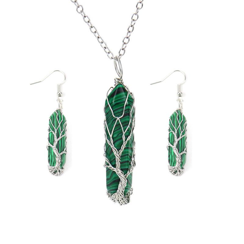 Hand-Wound Natural Crystal Amethyst Hexagonal Column Tree Of Life Necklace Earrings Set N603