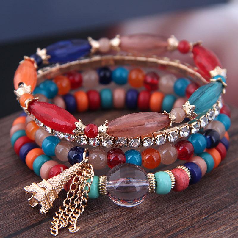 DIEZI Korean Ethnic Bohemian Crystal Beads Leaves Charm Bracelets For Women Girls Elastic Rope Wrap Bracelet Pulseira Feminina