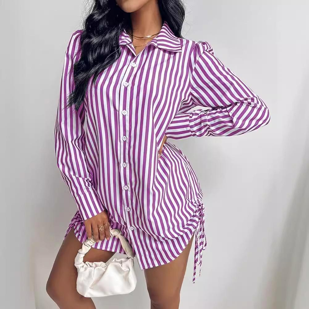 Women's Autumn Fashion Sexy Side Drawstring Shirt Dress