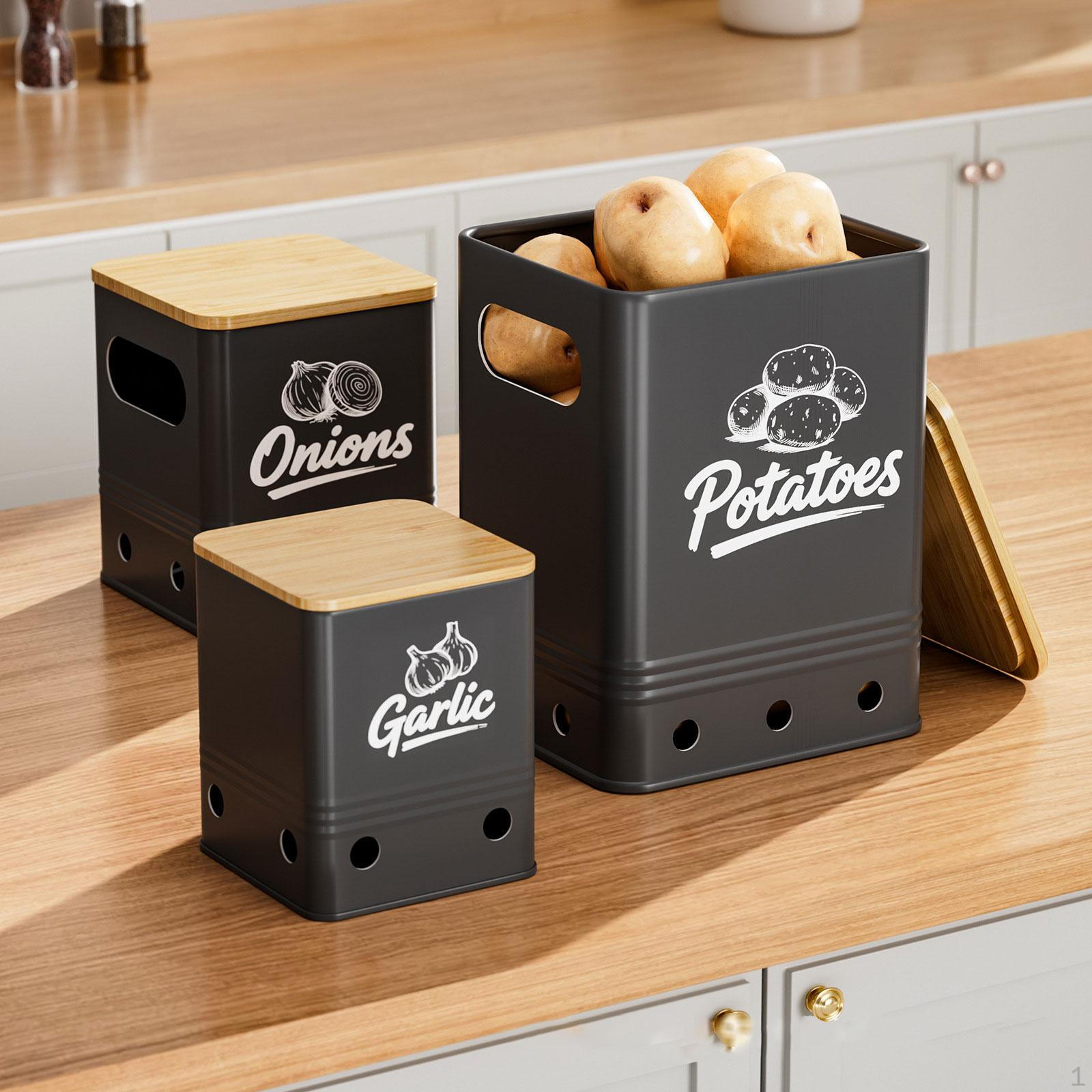 3 контейнера для хранения картофеля и лука. Прочные жестяные банки с вентиляционными отверстиями и бамбуковыми крышками. чёрный