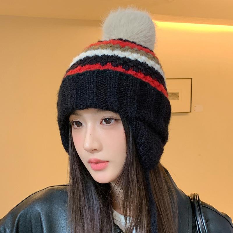 Versatile Knitted Wool Hat Autumn and Winter Hat Women's Windproof Ear Protection Warm Hat Cute Hairball