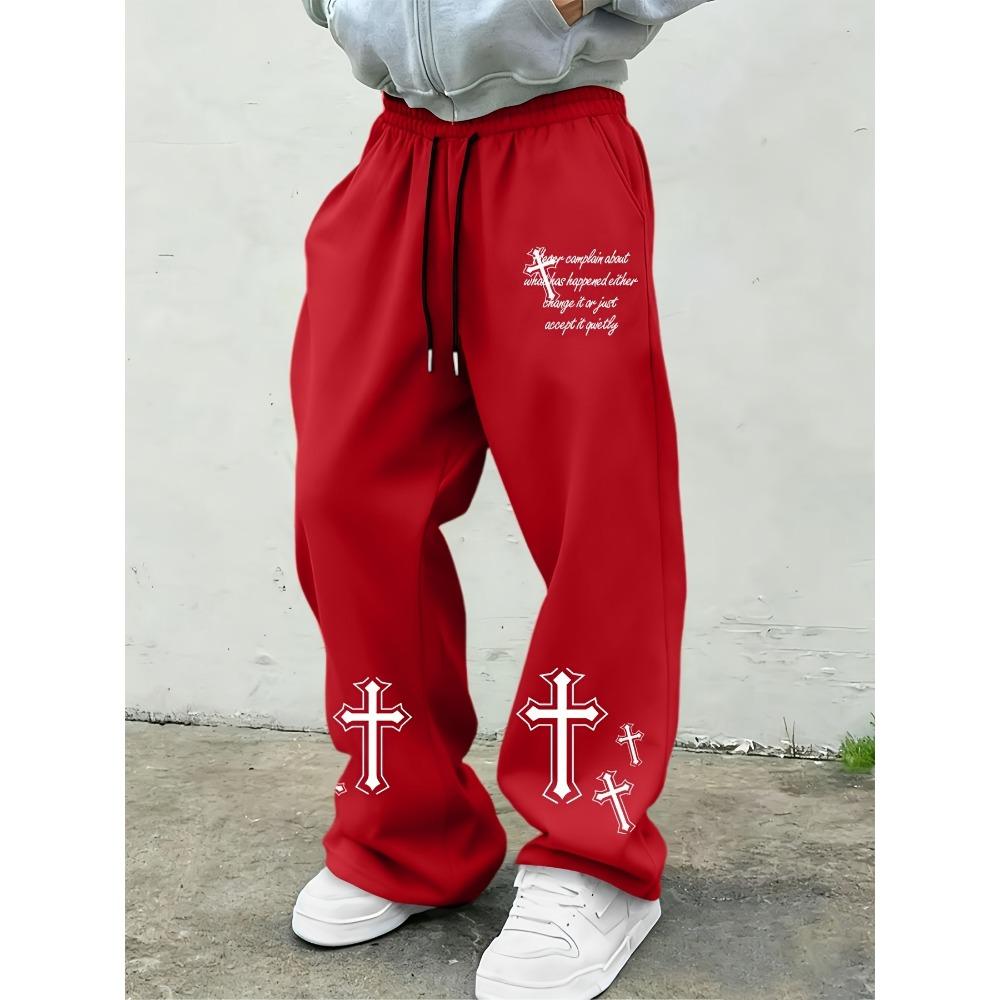 

Men s Casual Black Sports Pants, Wide Leg Design, White Pattern Letter Print, with Drawstring, Street Fashion XXL