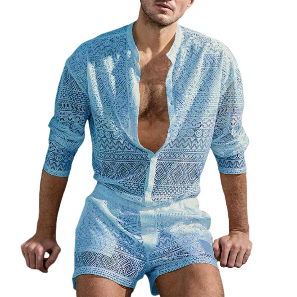 1 sada Populární pánský outfit Sexy muži Top šortky Hollow Out Průhledné Háčkované Košile Šortky Single Breasted