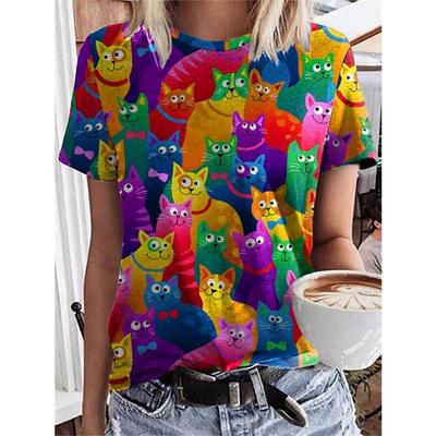 T-shirty Plus Size Damski Top z Krótkim Rękawem z Nadrukiem 3D Świąteczny Wzór Kota Zwierzęcia Weekendowy Podstawowy T-shirt z Okrągłym Dekoltem Lato