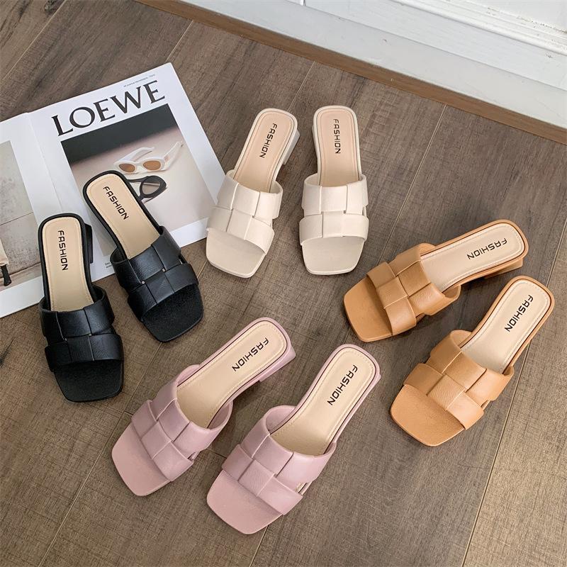 Women's Leather Slide Sandals Square-toe Block Heel Mules with Woven Strap for Summer Casual Wear