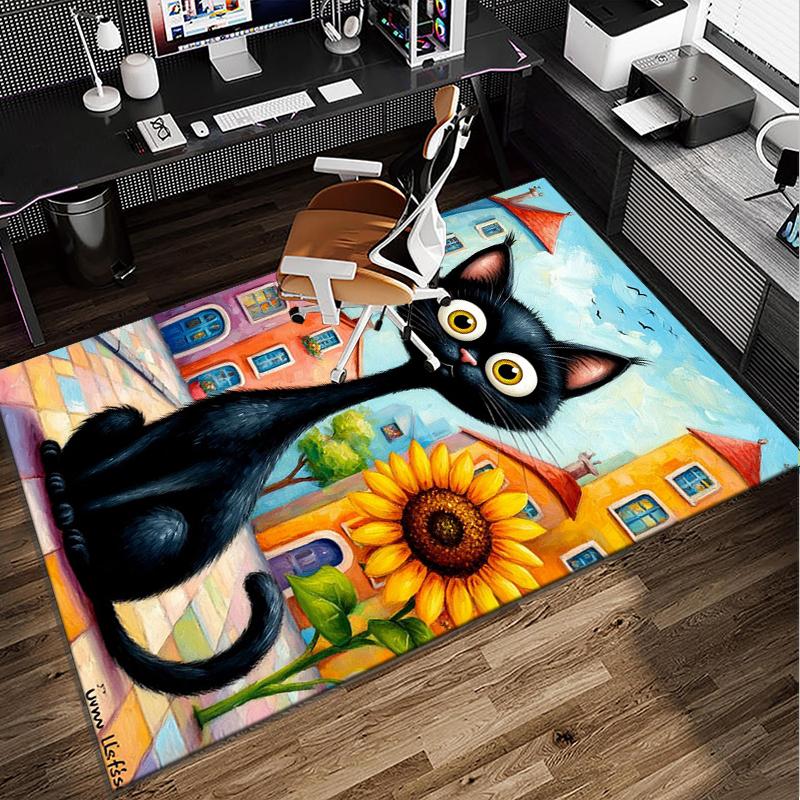 Black Cat In Sunflower Town Office Rug Chair Mat, Game Carpet, Suitable for Front Door, Bedroom, Living Room, Desk, Holiday Gift