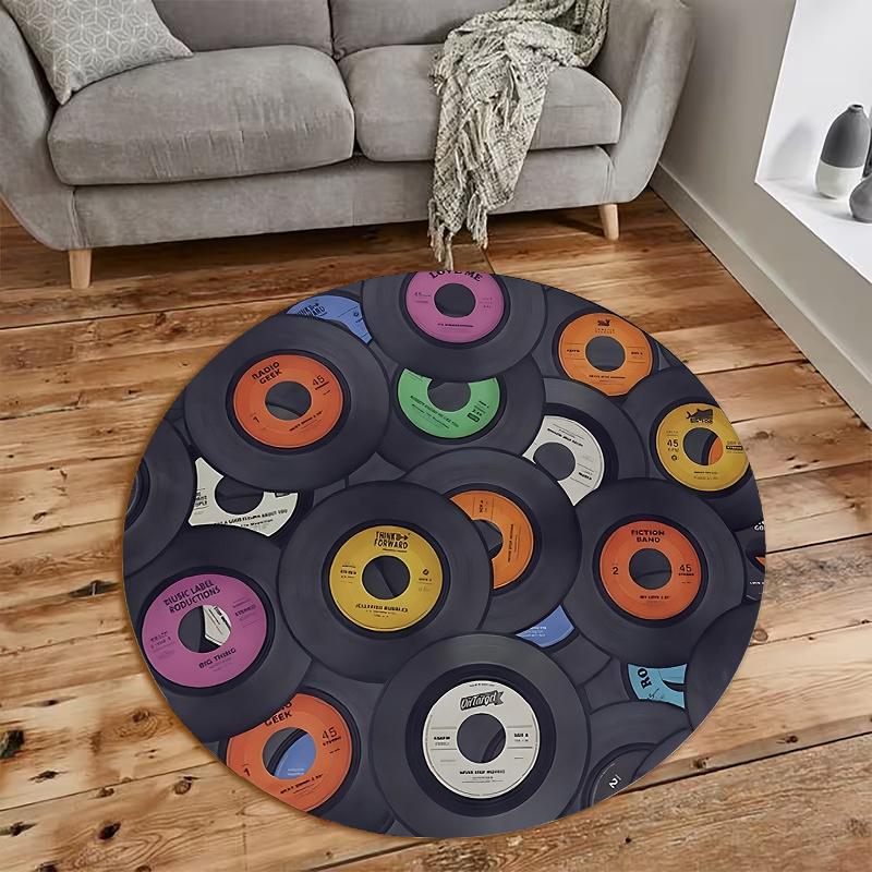 Vinyl Records Round Rug Flannel Retro Music Lover Gift DJ Studio Decor Black Orange Pink Green Label Discs Floor Mat Non Slip