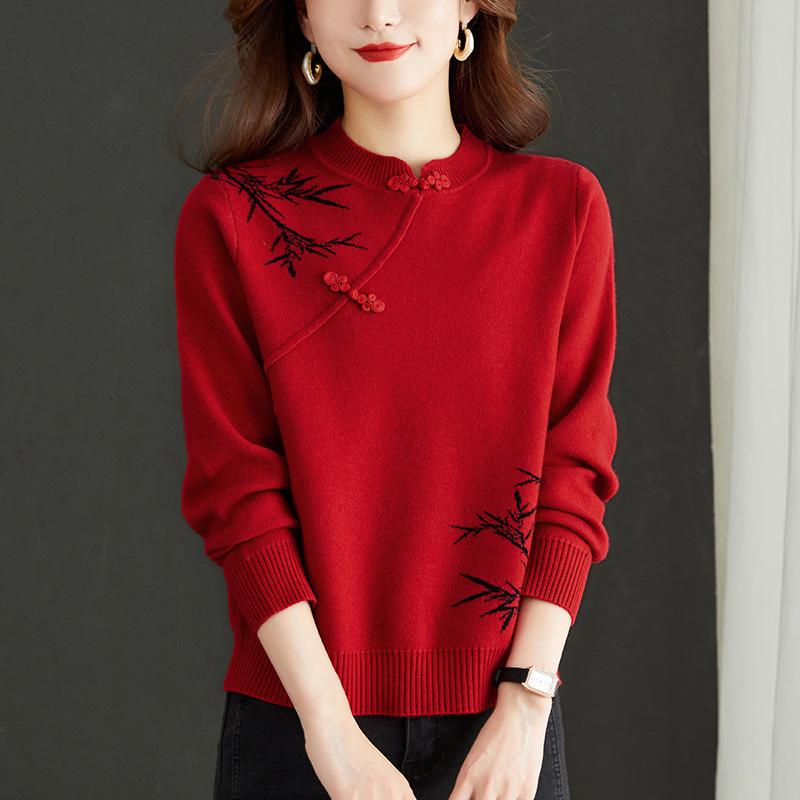 

Новый красный свитер в китайском стиле для женщин, новый осенне-зимний, в китайском стиле, с пуговицами-складками для Нового года Дракона M красный