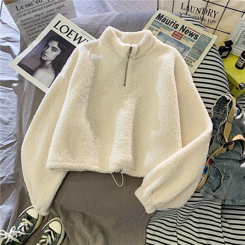 Women Casual Comfortable Half High Collar Zipper Thickening Lamb Fuzzy Outerwear Winter Warm Sweatshirt