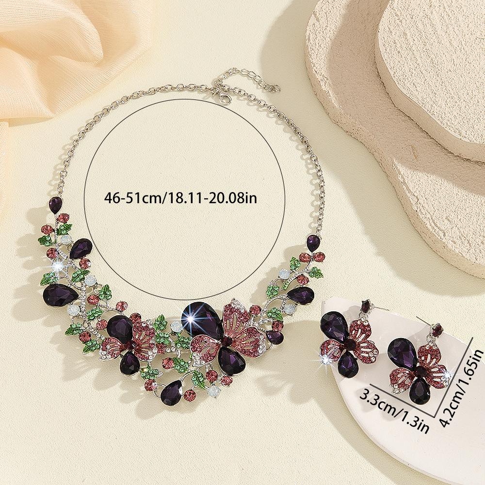 European & American Crystal Gemstone Floral Necklace & Earring Set - Colorful Evening & Bridal Accessories