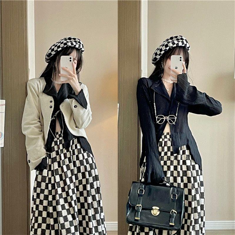 Y2k Blouse Women Vintage Black Shirt Gothic Harjauku Pleated Button Up Korean Dark Tight Long Sleeve Aesthetic Female