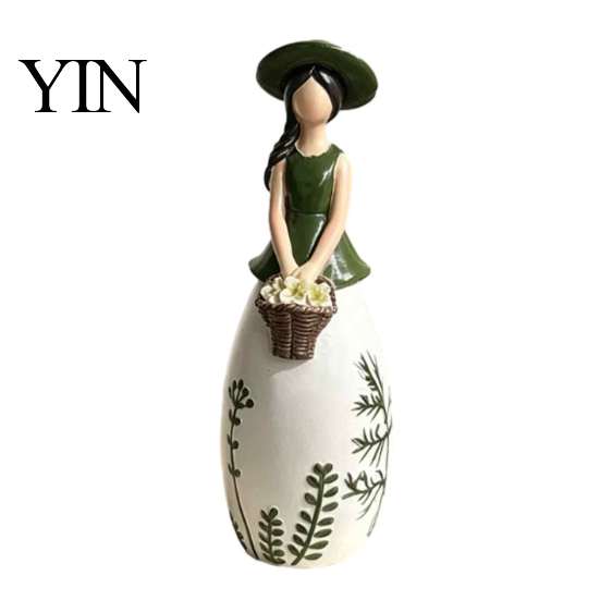 Decorative Vase for Dried Flowers Nordic Style Resin Girl Figurine with Flower Basket, Creative Desktop Ornament Soft Furnishings Home Decor,