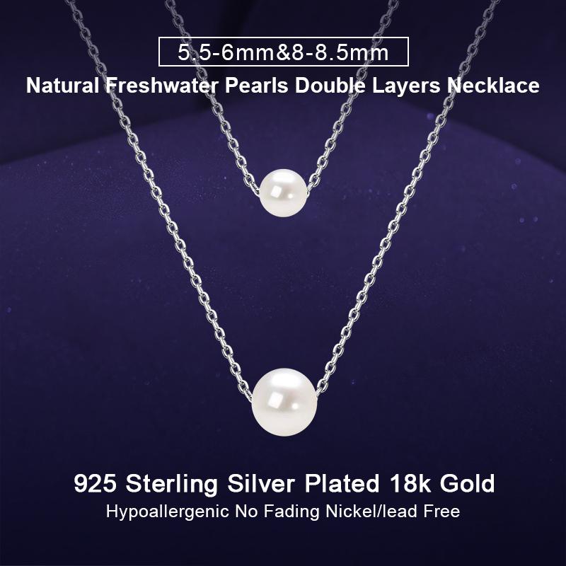 IOGOU 100% 925 Sterling Silver 5.5-6mm&8-8.5mm Round Natural Freshwater Pearl Double Layer Necklace for Women Wedding Jewelry