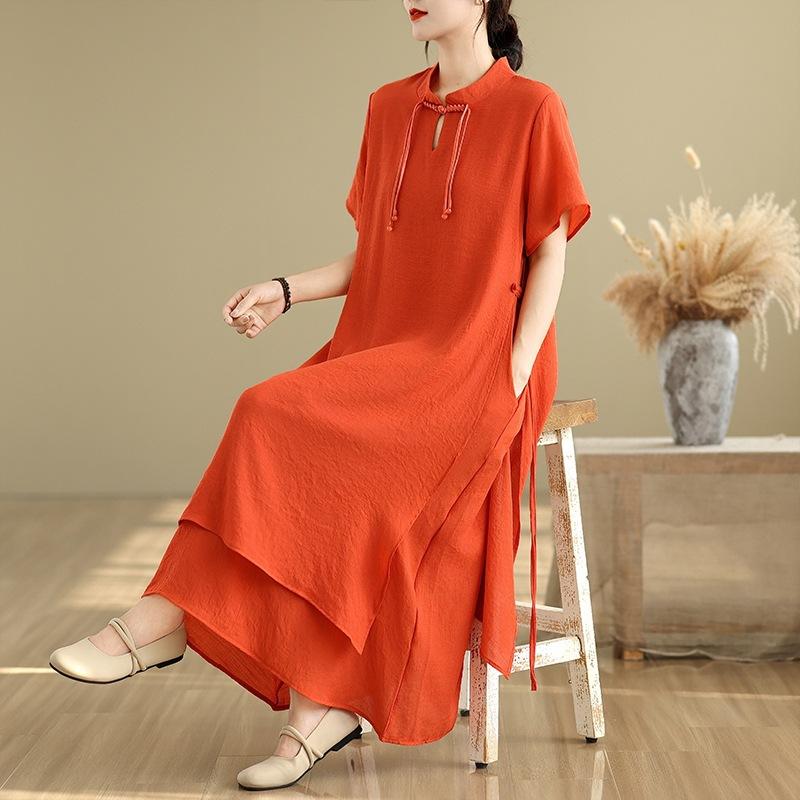 

Платье из хлопка и льна, однотонное, с воротником-стойкой и короткими рукавами, для женщин, лето 2025 г., новая двухслойная юбка в стиле ретро с пряжкой M красный