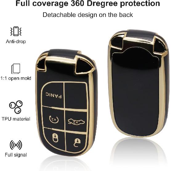 SUNCARACCL for Jeep Key Fob Cover with Leather Keychain, Soft TPU Full Cover Protection Key Case for Grand Cherokee Renegade Dodge Durango Challenger