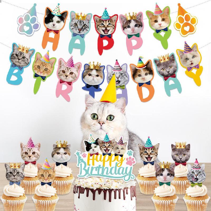 Adorable Cat Theme Birthday Party Decoration Set With Colorful Banners And Cake Toppers