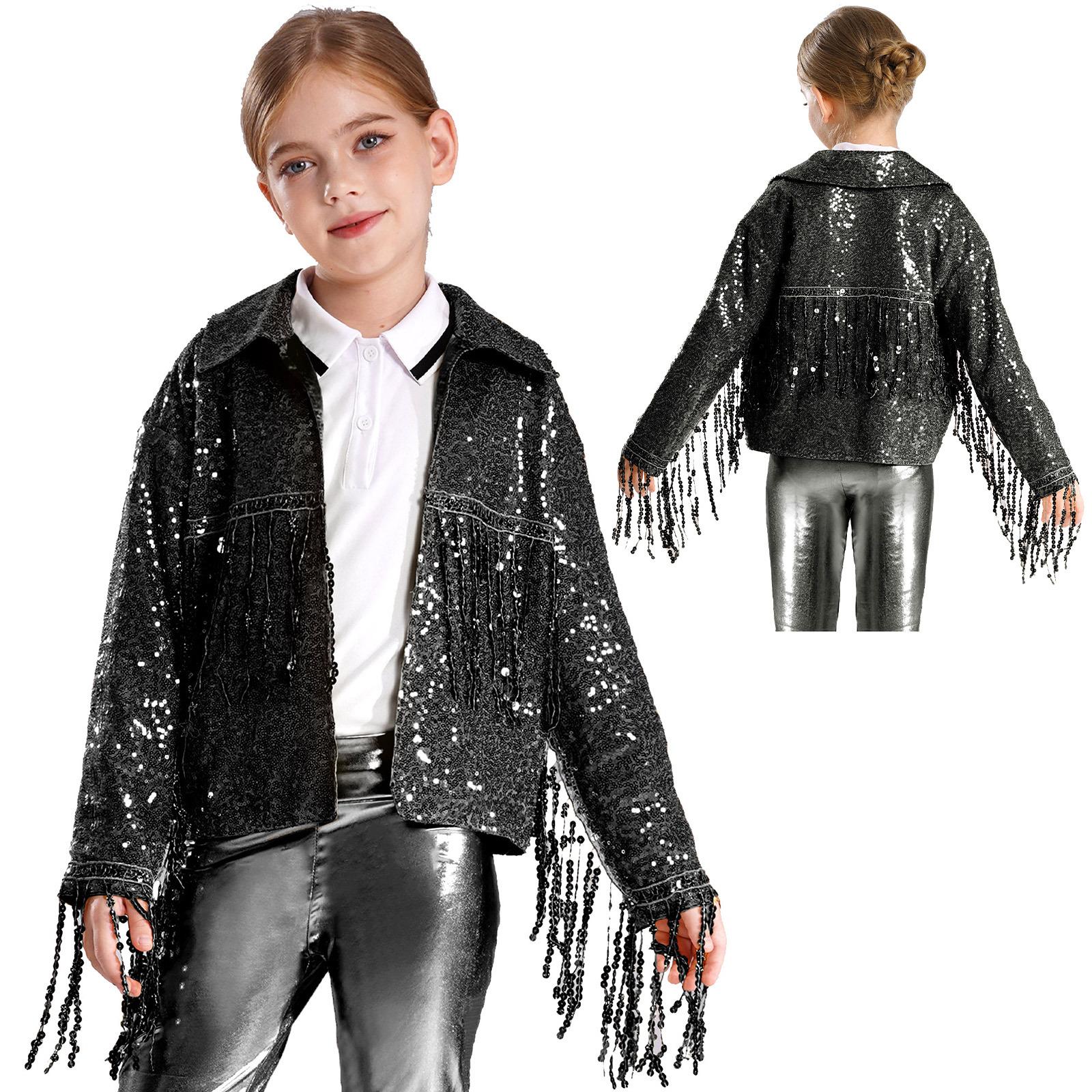 

Танцювальний костюм для дівчат, костюм для дискотеки, жакети з паєтками, декор з бахромою, джазовий вуличний танцювальний одяг, відкритий кардиган для одягненої рейв-вечірки 13-14 Years чорний