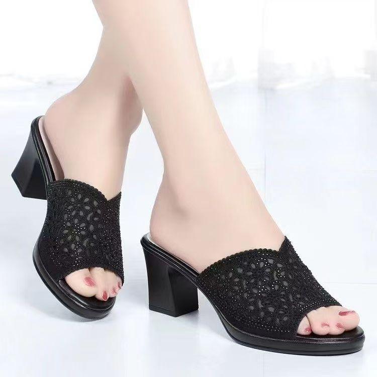 

2025 summer new fashion non-slip one-word sandals women wear high heels comfortable wear-resistant rhinestone thick heel mother cool 35 чёрный