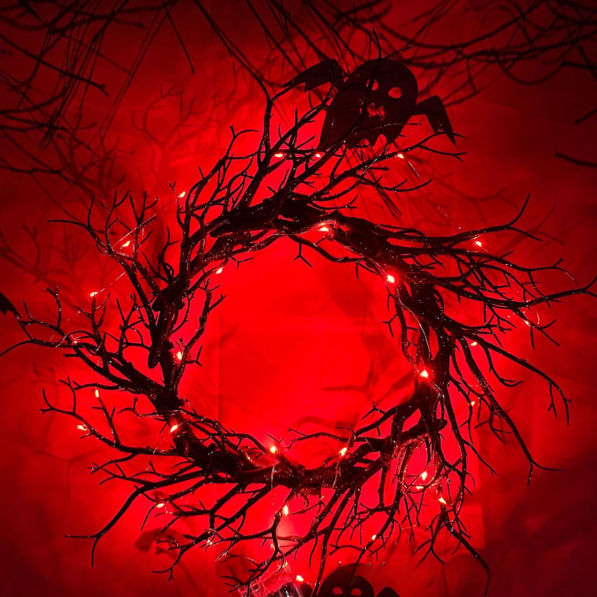 

Украшение на Хэллоуин, венок, украшение для входной двери, светодиодные огни, блестящая черная ветка, домашний декор для вечеринки в помещении и на открытом воздухе