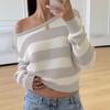2025 Autumn and Winter New Fashion Versatile Sweater Women's Loose Casual Off-shoulder Striped Color Block Sweater