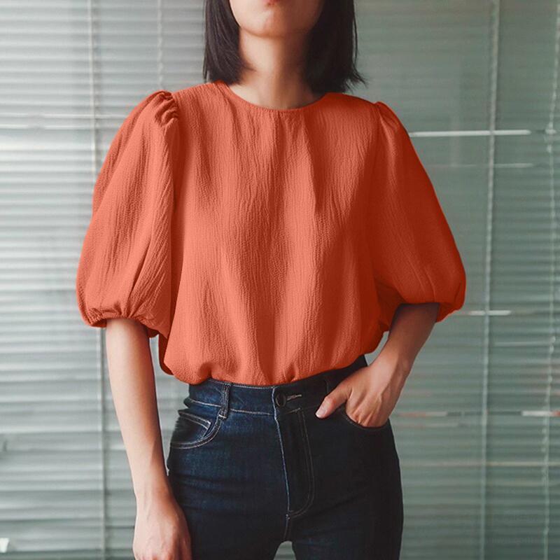 

ZANZEA Женская повседневная свободная блузка с круглым вырезом и короткими рукавами S оранжевый