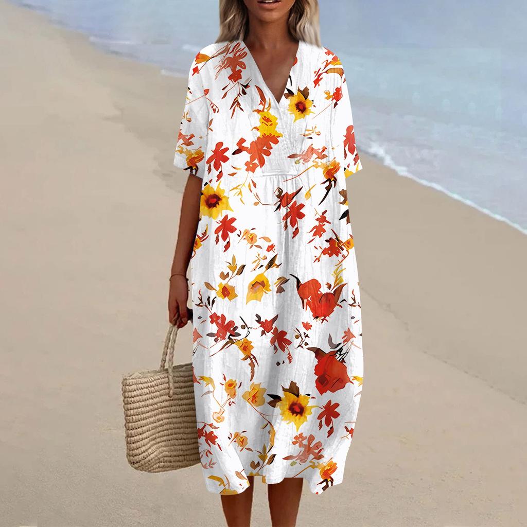 Women's Loose Casual Fashion V-Neck Printed Dress Beach Skirt
