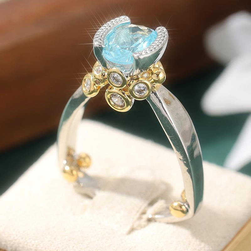 Vintage Inlaid Sea Blue CZ Women's Ring Ethnic Two Color Geometry Daily Wear Party Jewelry Anniversary Gift