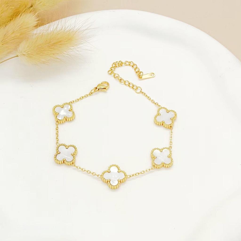 Gold-Plated Stainless Steel Four-Leaf Clover Bracelet - 13mm, Fashionable Color-Retention Jewelry
