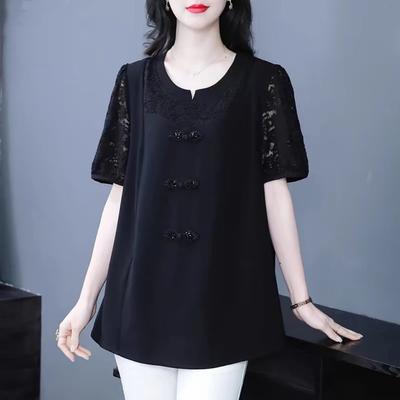 New Chinese Style Summer Retro Buckle Large Size Hollow Loose Lace Top T-shirt