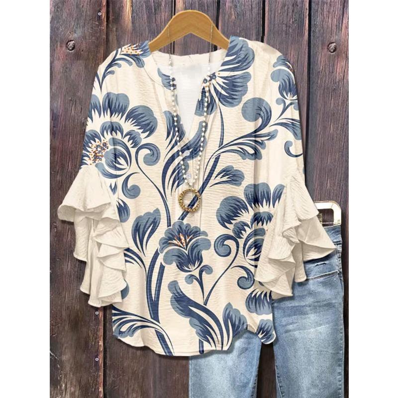 TIFICY Women's Fashion Casual Spring Autumn Flower Pattern Print Long Sleeve V-Neck Blouses & Shirts