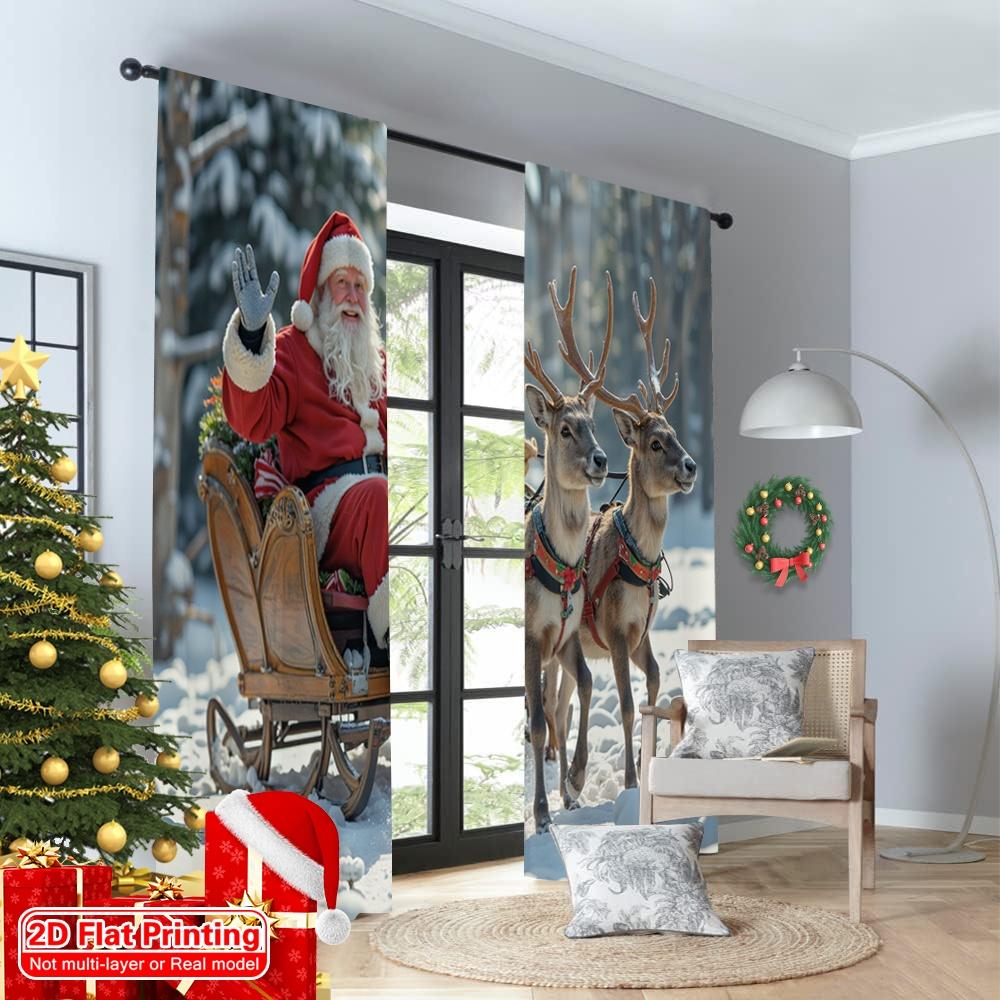 2pcs 2D flat printing Christmas Scene Curtain Santa Sleigh Reindeer Snow 100% Polyester Fabric Without Electricity Family Party