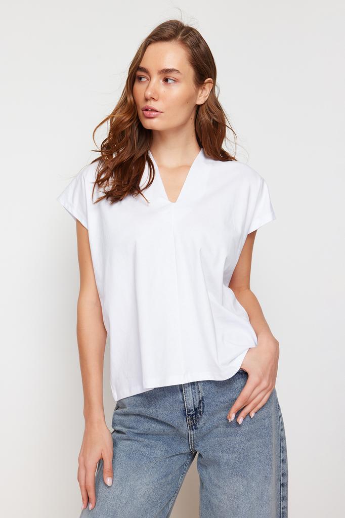Women's Fashion T-Shirt V-Neck Long Ecru Premium V-Neck Cotton Regular Normal Fit Knitted Knitted T-Shirt