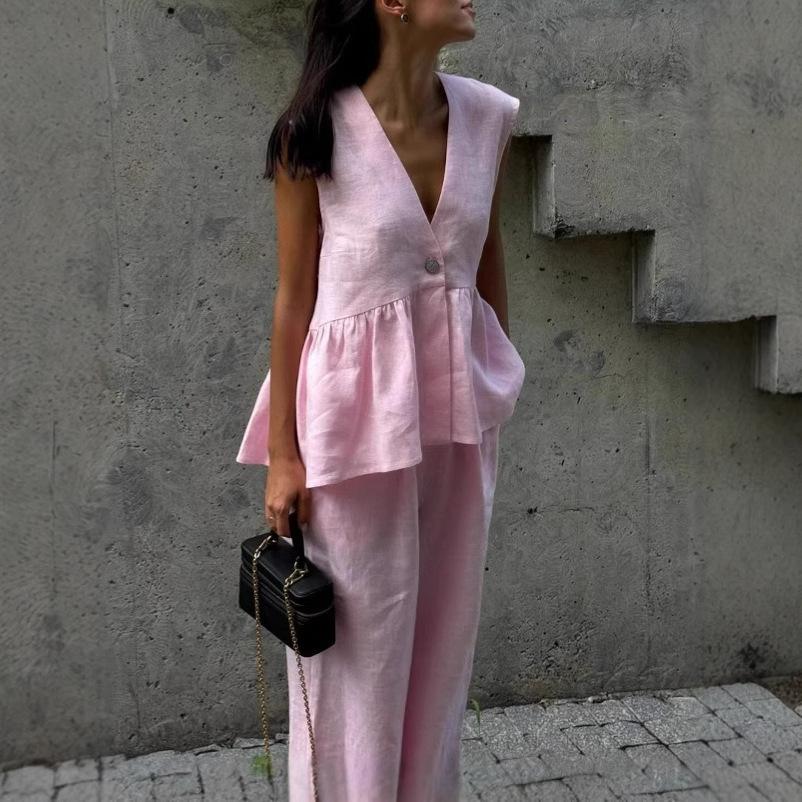 

Женский топ без рукавов с V-образным вырезом и комплект брюк с широкими штанинами в нескольких цветах, повседневный летний наряд с боковыми разрезами S розовый