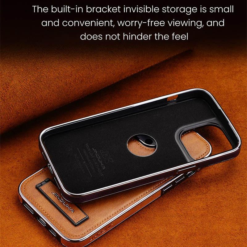 Coque de téléphone avec pare-chocs plaqué, cuir, support pliable, pour iPhone 16 15 11 12 13 14 Pro Max Plus, étui fin avec support métallique