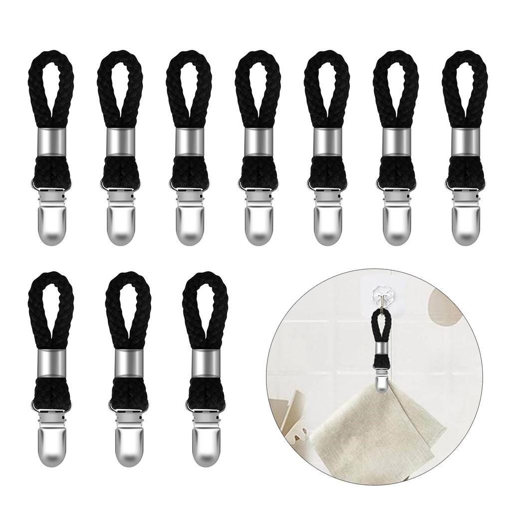 10Pcs Braided Cotton Loop Towel Clip Towel Hook Holder Towel Hangers Rack Metal Clip Home Storage Hanger Easy to Use